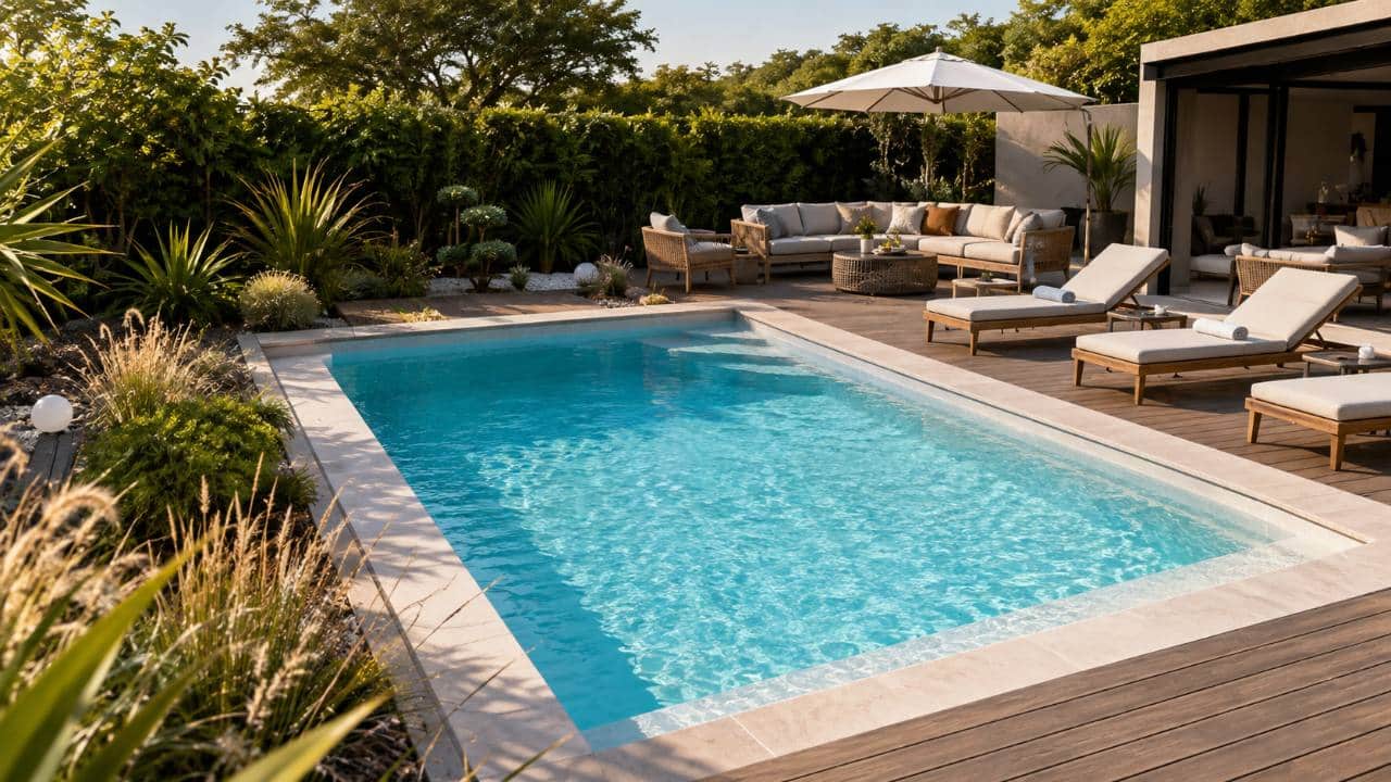 Terrasse en bois et transats au bord d'une piscine coque polyester dans un jardin aménagé → Piscines Abris Design