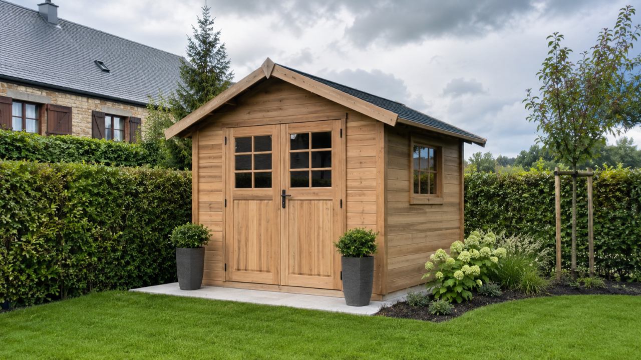 Abri de jardin en bois installé dans un jardin paysager d'une maison des Hauts-de-France