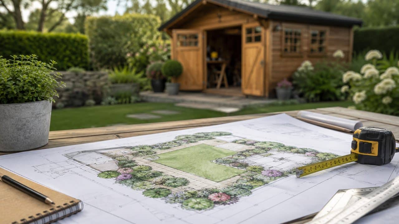 Plans et mètre ruban posés devant un abri de jardin, préparation d'une déclaration de travaux