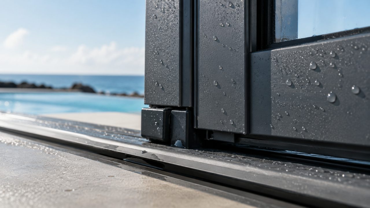 Détail d'un rail et profilé en aluminium thermolaqué anthracite d'un abri de piscine, structure résistante à la corrosion marine.