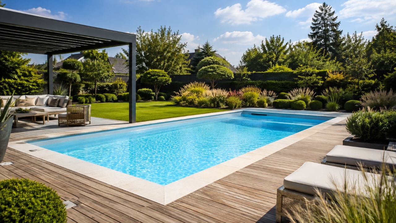 Abords d'une piscine coque polyester aménagés avec une terrasse en bois et un coin détente dans un jardin du Nord → Piscines Abris Design