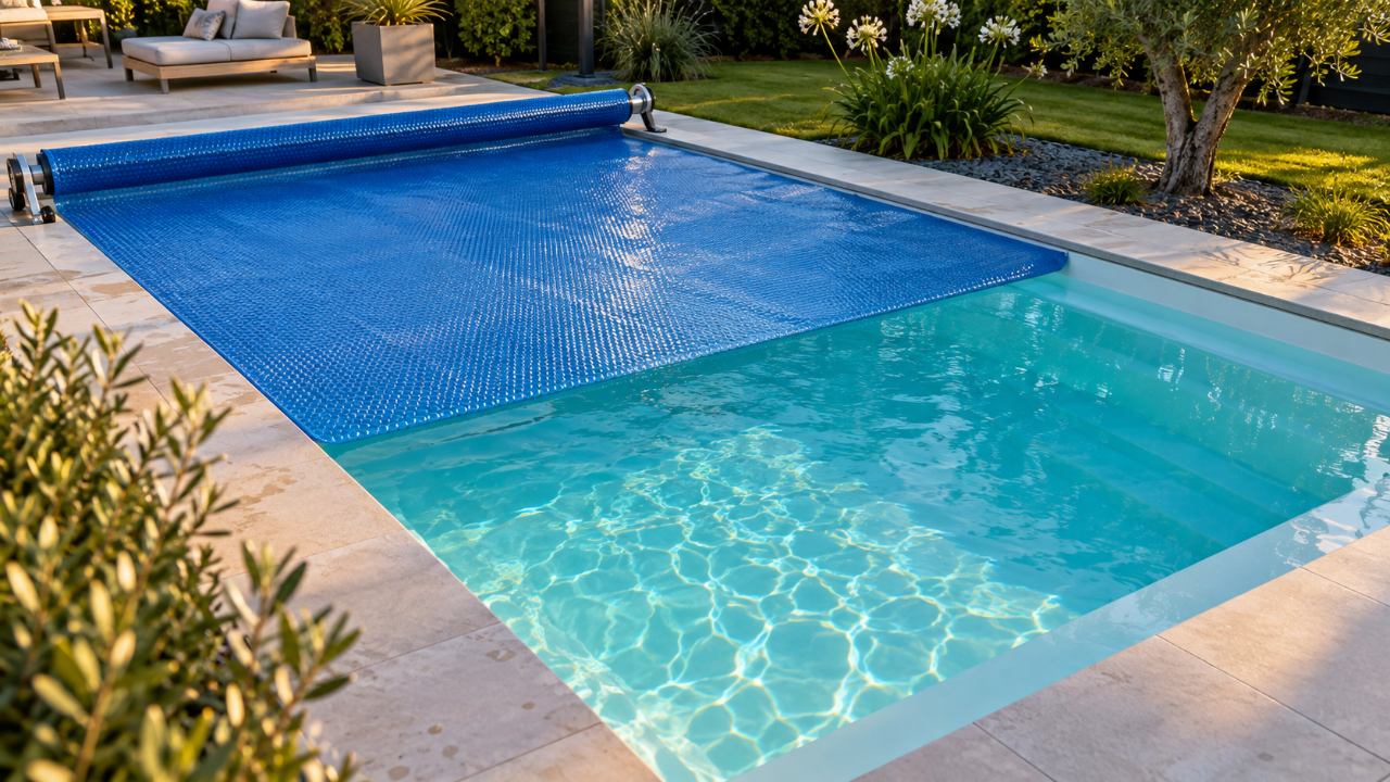 Bâche à bulles déroulée sur une piscine coque pour conserver la chaleur de l'eau → Piscines Abris Design