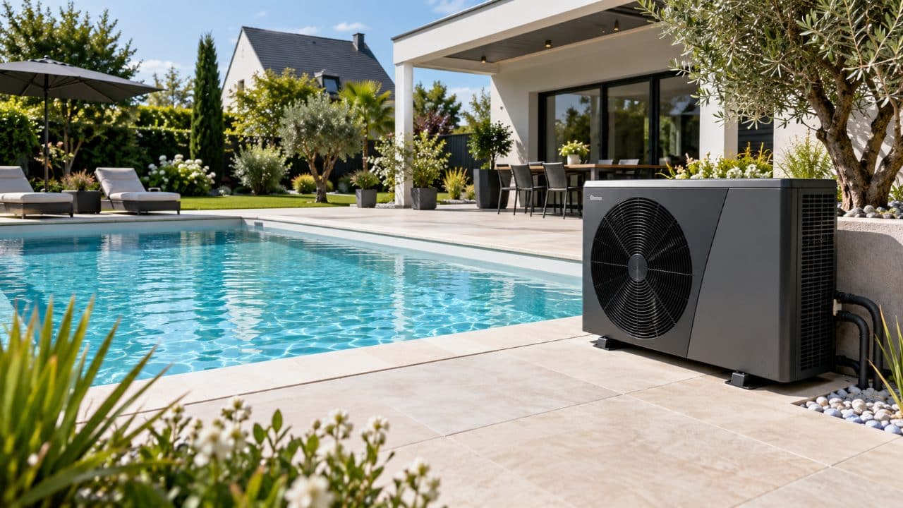 Pompe à chaleur installée près d'une piscine coque polyester dans un jardin du Nord → Piscines Abris Design