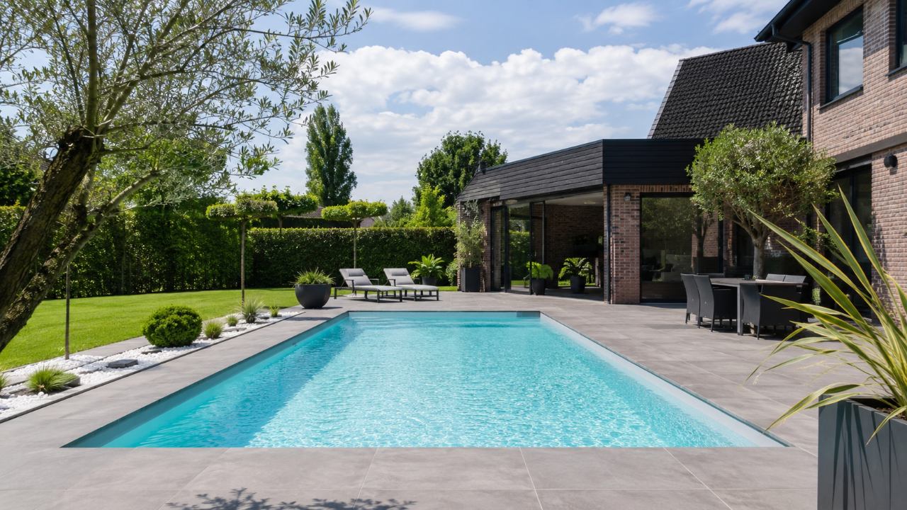 Piscine coque polyester rectangulaire installée dans un jardin contemporain du Nord de la France → Piscines Abris Design