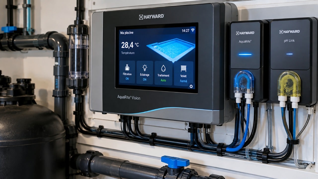 Coffret de pilotage domotique et équipements connectés dans le local technique d'une piscine coque → Piscines Abris Design