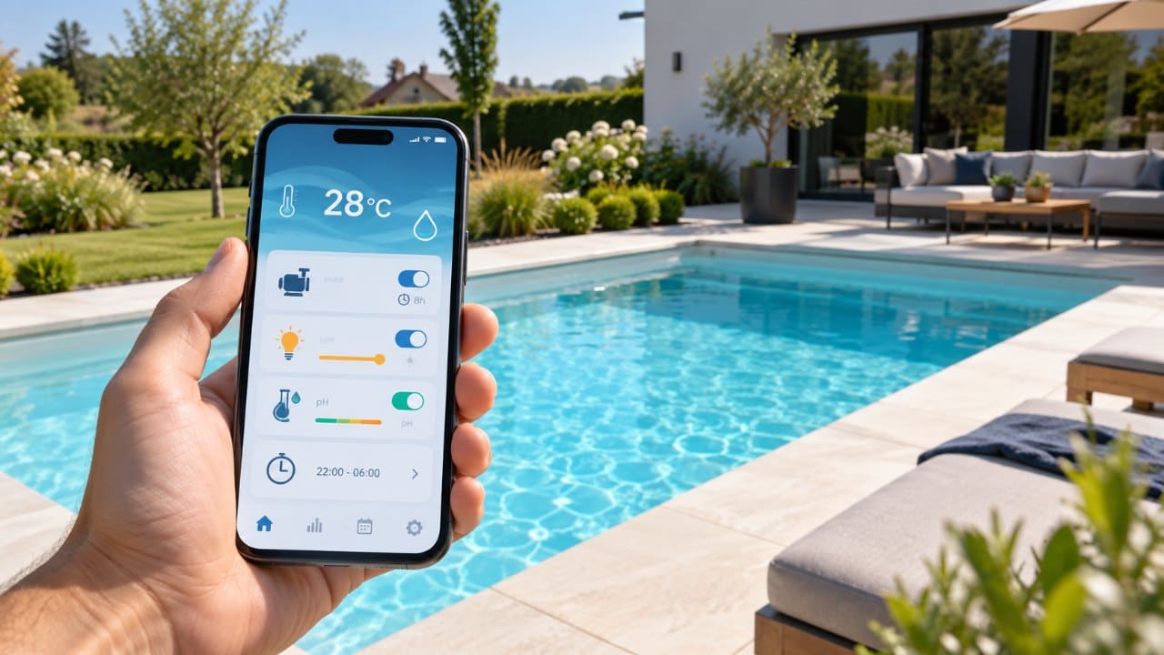 Pilotage d'une piscine coque depuis une application sur smartphone au bord du bassin → Piscines Abris Design