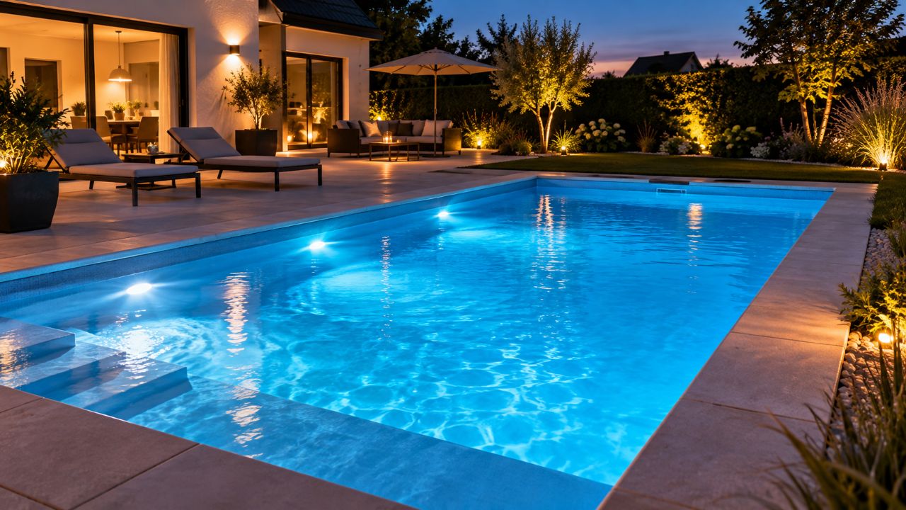 Piscine coque éclairée par des projecteurs LED à la tombée de la nuit dans un jardin des Hauts-de-France → Piscines Abris Design