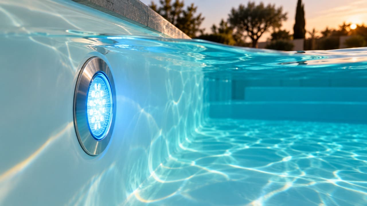 Projecteur LED immergé encastré dans la paroi d'une piscine coque, eau éclairée → Piscines Abris Design