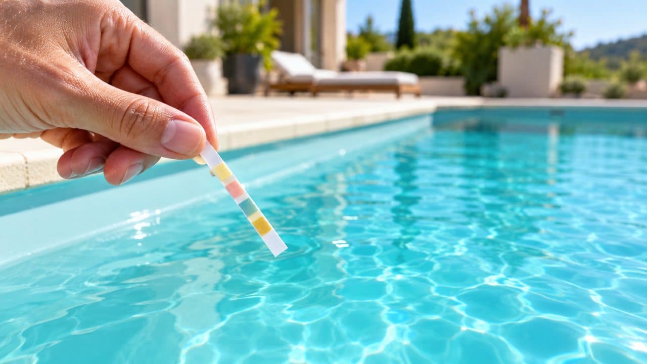 Contrôle du pH et du chlore de l'eau d'une piscine coque avec une bandelette de test → Piscines Abris Design