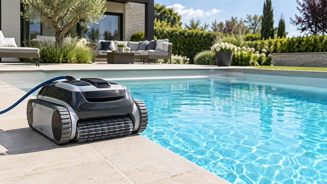 Robot nettoyeur au bord d'une piscine coque polyester à l'eau limpide dans un jardin du Nord → Piscines Abris Design