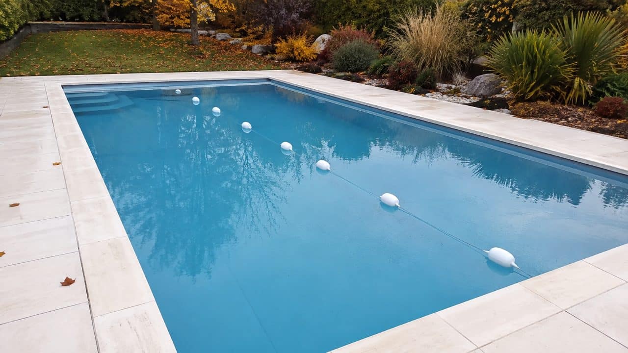 Flotteurs d'hivernage disposés en diagonale à la surface d'une piscine coque pour la protéger du gel → Piscines Abris Design