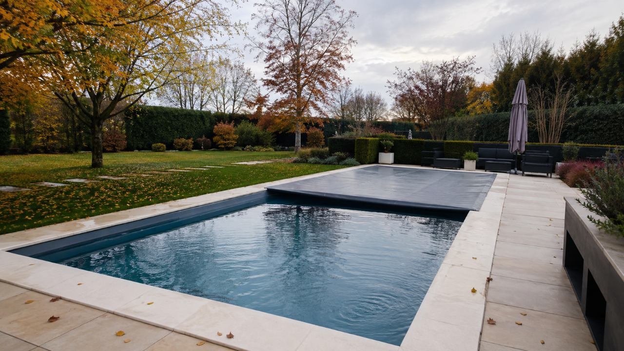 Piscine coque polyester hivernée sous une couverture d'hiver dans un jardin du Nord de la France → Piscines Abris Design