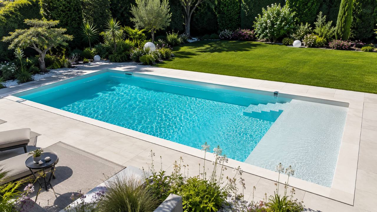 Piscine coque polyester aux lignes modernes avec escalier et plage immergée dans un jardin → Piscines Abris Design