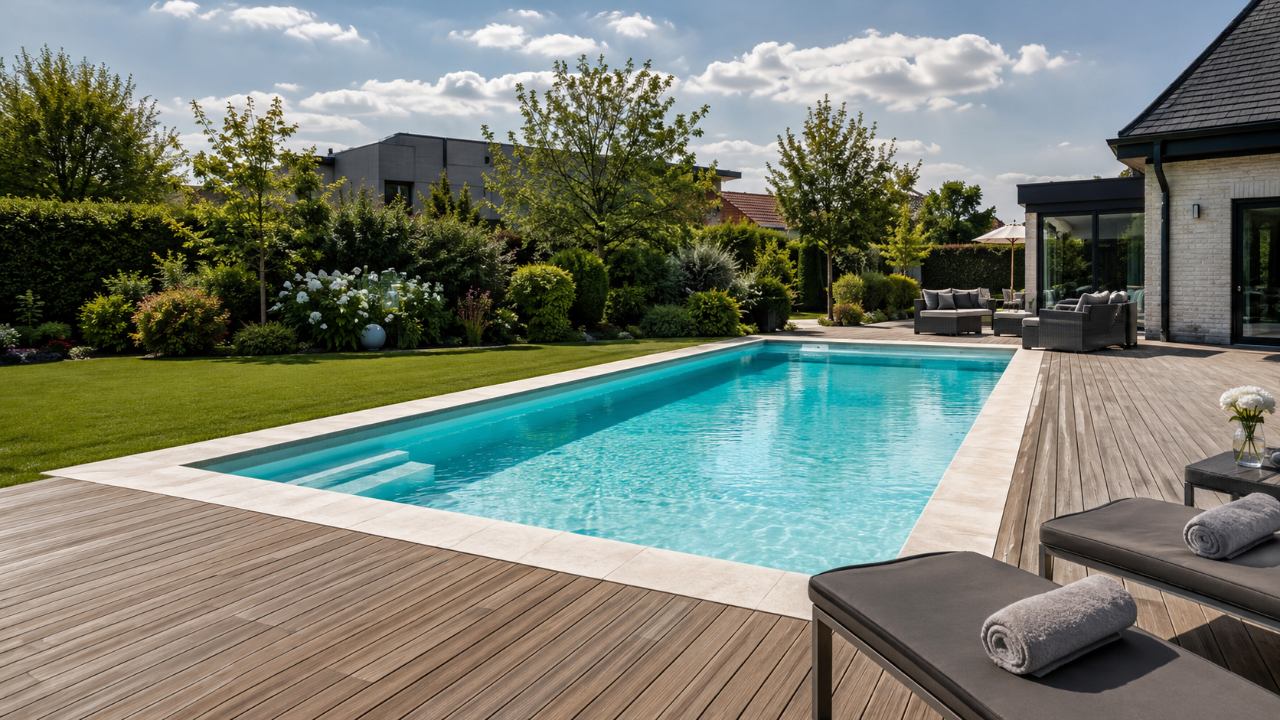 Piscine coque polyester rectangulaire à l'eau turquoise dans un jardin paysager du Nord de la France