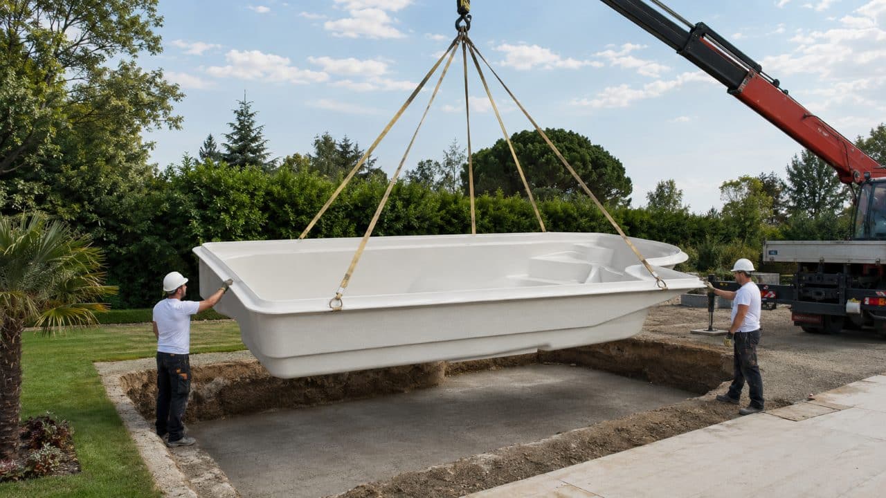 Pose d'une piscine coque polyester monobloc déposée à la grue dans un jardin, chantier rapide