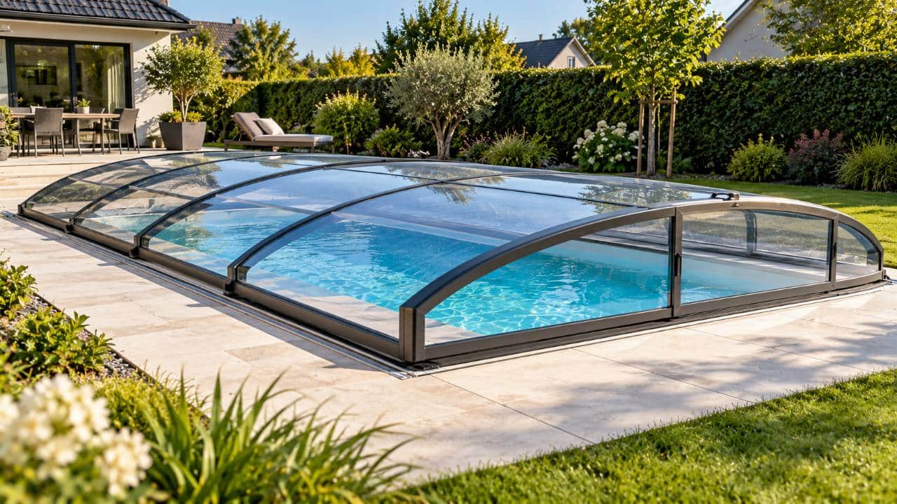 Piscine coque polyester protégée par un abri de sécurité dans un jardin familial du Nord → Piscines Abris Design