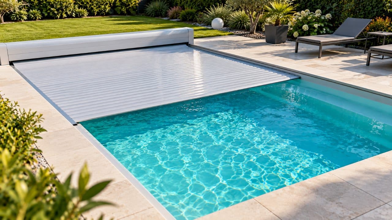 Volet de sécurité recouvrant une piscine coque pour protéger les jeunes enfants → Piscines Abris Design