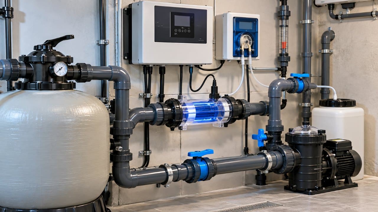 Électrolyseur et appareils de traitement de l'eau dans le local technique d'une piscine coque → Piscines Abris Design