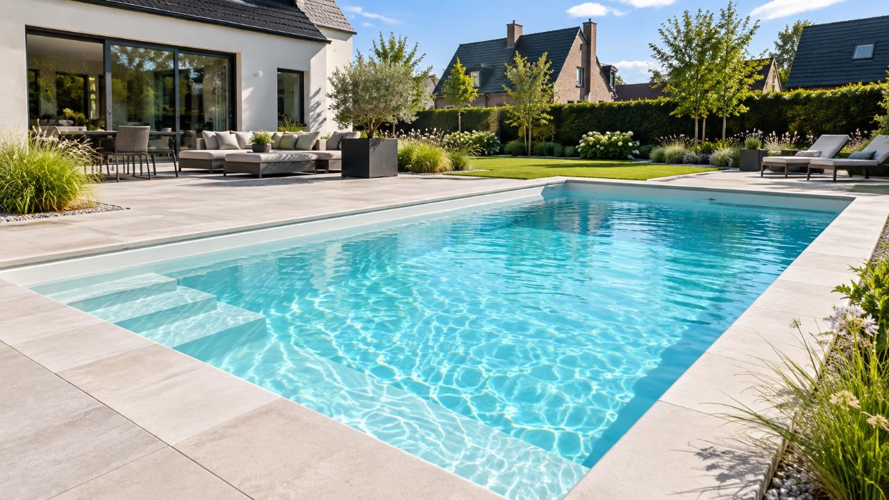 Piscine coque polyester à l'eau claire et saine dans un jardin des Hauts-de-France → Piscines Abris Design
